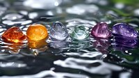 Colorful gemstones arranged in rainbow spectrum on wet reflective surface with water droplets creating luxury jewelry and precious stone concept.