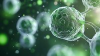 Microscopic view of green glowing cells with detailed membrane structure against dark background, illustrating cellular biology concepts.