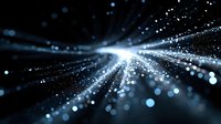 Glowing blue light rays and particles burst through dark space creating dynamic motion effect. Abstract background for technology and science concepts.