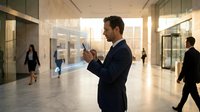 Professional businessman using smartphone in modern office lobby with colleagues walking in background during business hours.