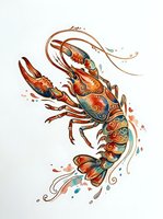 Ornate crustacean with intricate patterned details in warm tones, isolated on white background. Decorative shrimp illustration with swirling embellishments, suitable for design projects and artistic applications.