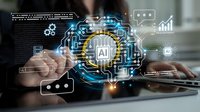 Businessman using laptop with glowing AI brain interface and digital technology icons for machine learning and automation solutions.