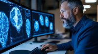 Mature Caucasian male doctor with gray beard analyzing brain MRI scans on multiple monitors in dark medical office, focused on diagnostic imaging results.