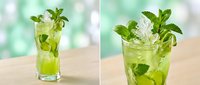 Fresh mojito cocktail with mint leaves and lime in tall glass on wooden table against blurred green background for summer refreshment and bar menu design.