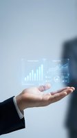 Businessman hand presenting holographic financial data charts and graphs with digital analytics interface for business intelligence and market analysis.