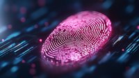 Glowing pink fingerprint on dark digital surface with bokeh light effects, representing biometric security and personal data protection technology.