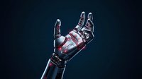 Futuristic robotic hand with metallic fingers and red accents reaching upward against dark background for technology and artificial intelligence concepts.