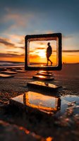 Silhouette of person walking framed through square object on beach at dramatic orange sunset, with reflection in water puddle on wet sand creating artistic composition.