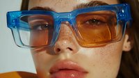 Young Caucasian woman wearing trendy blue gradient transparent frame glasses with natural freckles and glossy lips in sunlight, fashion beauty closeup portrait.