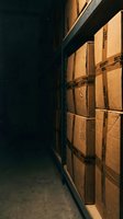 Stacked cardboard boxes with security tape in dark warehouse storage facility at night, logistics and shipping concept.