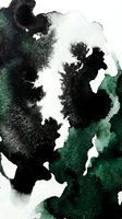 Abstract watercolor ink blots in emerald green and black creating organic flowing patterns on white background for modern artistic designs.