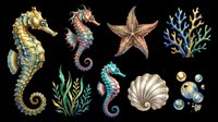 Watercolor ocean life clipart set with seahorses, starfish, coral, seashell, seaweed, and bubbles, isolated on transparent background, ready for stickers, sublimation, and t-shirt design.