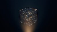 Transparent cube containing swirling golden particles and light effects against dark background, suitable for technology, innovation, and digital design projects.