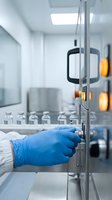 Scientist in blue gloves opening laboratory door in sterile research facility with medical vials and equipment for pharmaceutical development and testing.