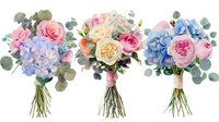 Elegant wedding bouquet collection with roses, hydrangeas and eucalyptus in pastel colors isolated on white background for bridal design projects.