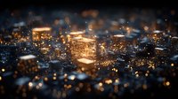 Glowing golden cubes with magical light particles floating in dark space, creating mysterious atmospheric bokeh effect for fantasy backgrounds.