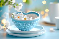 Delicate white spring blossoms floating in heart-shaped blue ceramic bowl on white plates against soft turquoise background with gentle bokeh lights.
