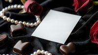 Romantic composition with blank white card, dark chocolate hearts, pearl necklace and red roses on black silk fabric. Elegant Valentine's day or anniversary setup.