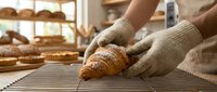 Baker holding fresh croissant on textured surface in artisan bakery kitchen with bread display, showcasing handmade pastry production and traditional baking craft.