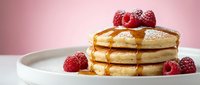 Fluffy pancakes with fresh raspberries and golden syrup on white plate against soft pink background for breakfast menu and food photography.