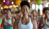 Young African American woman with natural curly hair smiling with eyes closed during group fitness class, wearing white tank top against blurred colorful background.