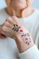 Delicate pink floral temporary tattoo on senior woman's hand showing aging skin texture, wearing white knit sweater. Close-up view demonstrates modern body art trends.