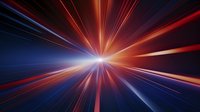 Dramatic light burst with red and blue rays radiating from central point against dark background creates dynamic speed and motion effect for technology designs.