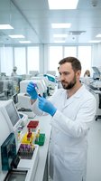 Male scientist with dark hair and beard, Caucasian ethnicity, wearing white lab coat and blue latex gloves, examining test tube in modern laboratory setting with automated equipment and colleagues working in background.