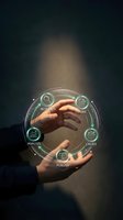 Hands holding glowing digital workflow circle with research, plan, create, publish, analyze icons on dark background for business strategy and project management concepts.