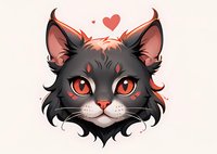 Cute black cat face with red eyes and heart detail, perfect for stickers, t-shirt prints, and valentine designs. Kawaii anime style illustration on light background.
