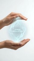 Hands protecting glowing holographic sphere with stress regulation text, mental health wellness concept on white background.