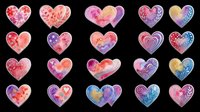 Watercolor hearts collection with floral and swirl patterns, isolated on transparent background. Great for stickers, t-shirt design, clipart, and print on demand.