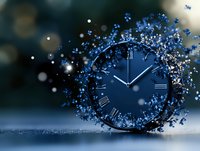 Mystical clock face surrounded by glowing blue butterflies and sparkles against dark background, creating magical time concept for fantasy designs.