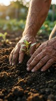 Close-up of mature male hands planting young seedling in rich soil outdoors. Gardener with hairy arms nurturing green sprout in garden bed during golden hour sunlight for agriculture and growth concepts.