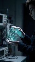 Young male professional, Caucasian ethnicity, wearing dark business attire, holding glowing digital holographic globe with network connections in laboratory or tech environment. Suitable for technology, innovation, and business concepts.