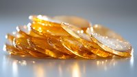 Translucent amber honey slices arranged in overlapping pattern with natural backlight creating golden glow and delicate crystalline texture for food photography.