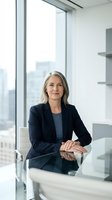 Confident mature businesswoman in navy suit sitting at glass desk in modern office with city view, professional corporate executive portrait.