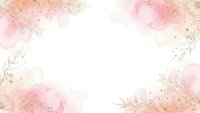 Soft pink watercolor floral frame with delicate roses and golden leaves on white background for wedding invitations and romantic designs.