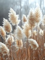 Soft white pampas grass plumes swaying in winter light against misty forest background, creating dreamy natural atmosphere for home decor and wedding design.