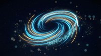 Glowing swirl of cyan and gold light trails forming spiral vortex on dark background with bokeh particles, suitable for tech, innovation, and digital design projects.