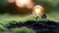 Glowing light bulb and small house model on green moss with bokeh background, representing eco-friendly energy solutions and sustainable living concept.