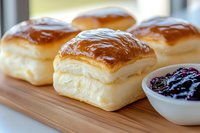 Freshly baked soft butter rolls with glossy tops served on wooden board next to bowl of berry jam, close up view showing flaky layers and golden brown crust.