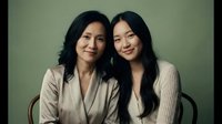 Asian mother and adult daughter sitting together smiling warmly at camera in studio portrait against neutral background for family relationships content.