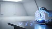 Medical professional examining holographic lung anatomy model with advanced digital technology in modern healthcare facility for respiratory diagnosis.