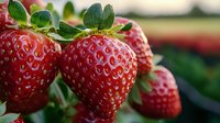 Fresh ripe strawberries with green leaves growing on plant, macro shot showing detailed texture and natural juicy red color. Suitable for food industry.