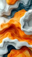 Abstract fluid art with flowing orange, white and deep teal waves creating dynamic layered movement. Modern contemporary design for wall art and creative projects.