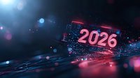 Futuristic glowing pink 2026 number with neon light effect against dark background with bokeh lights and digital particles. Modern tech concept.