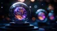 Mystical crystal ball with glowing galaxy inside on dark background with bokeh lights creates magical fortune telling atmosphere.
