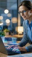 Middle-aged woman with brown hair and glasses wearing blue shirt working on laptop with holographic data visualization display at evening office desk.
