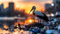 Silhouette of stork bird standing on rocky shore at sunset with urban skyline and orange sky reflected in calm water. Dramatic nature cityscape scene.